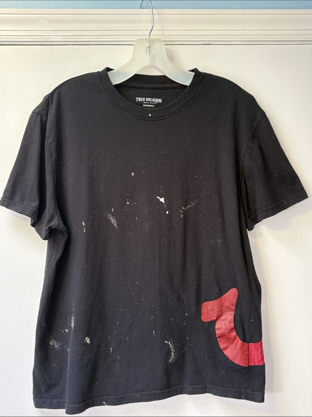 True Religion Black Distressed T-shirt Red Horseshoe White Paint Splatter Mens M